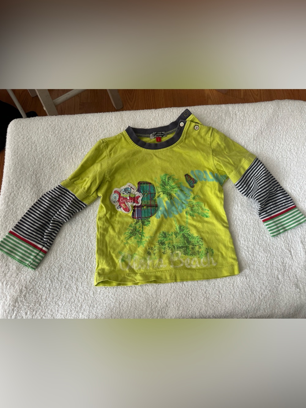 Catimini Lime Green Layered-Look Tee with Striped Long Sleeves